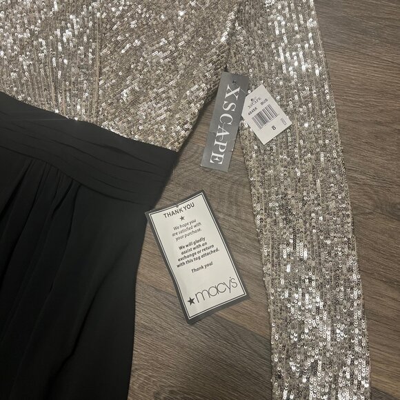 NEW Xscape Sequined Chiffon Long Sleeve Gown Dress Black Nude Silver Size 8 NWT - Picture 7 of 9